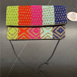 Beaded Multicolor Foldover Crossbody Clutch - Vibrant Pattern